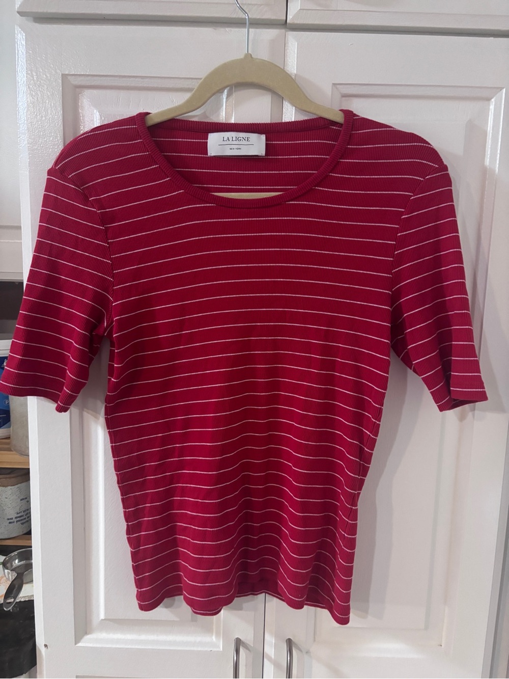 La Ligne Red & White Striped Short Sleeve Top